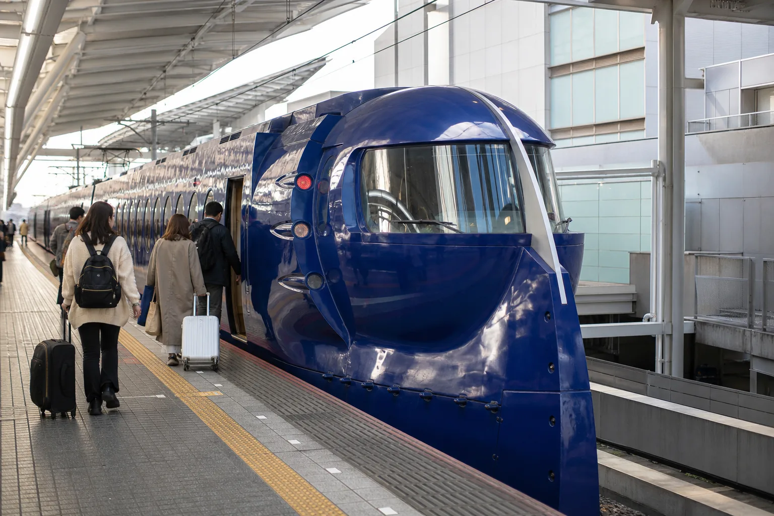 간사이공항 난카이 승강장에 정차한 라피트 특급 열차와 캐리어를 끌고 탑승하는 승객들