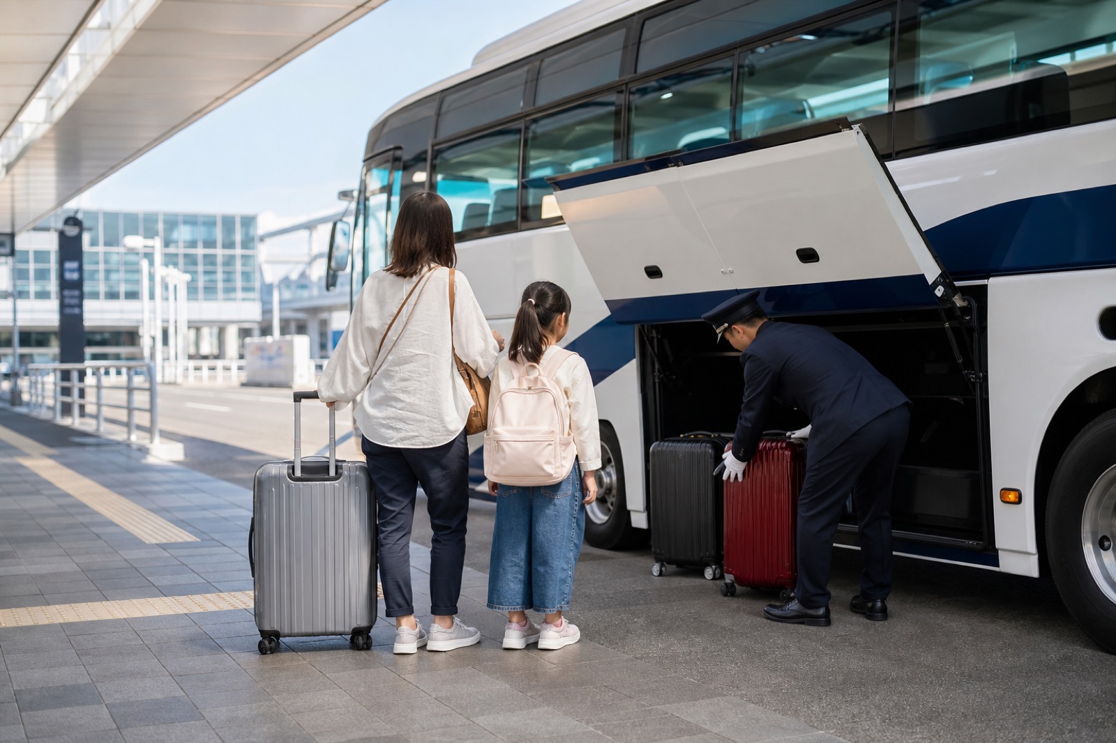 공항 리무진버스에 가족 여행자의 캐리어를 싣는 직원